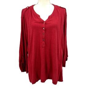 Cathy Womens Blouse 3X  Red Roll Tab Sleeve Casual Top Button Detail Normcore